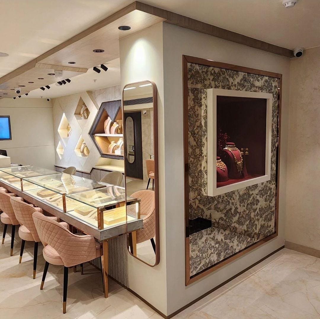 Jewellery boutique with illuminated display counters and wall niches